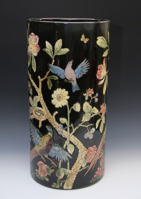 POTTERY UMBRELLA STAND: BIRD , FLORAL, AND BERRY MOTIF - UNSIGNED 22" H