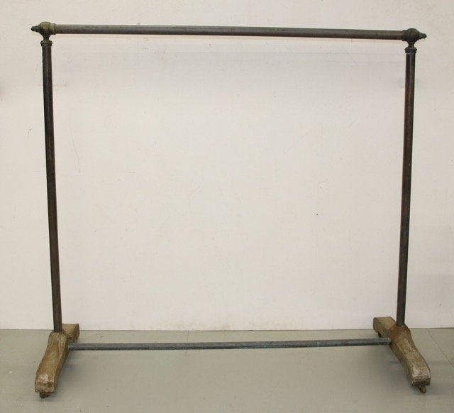 INDUSTRIAL CLOTHING RACK: BRASS AND MIXED METAL INDUSTRIAL LONG CLOTHING RACK 59"H X 64"L