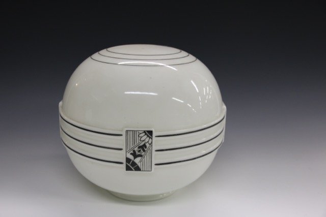 ART DECO MILK GLASS SHADE: BLACK AND WHITE DESIGN 10 1/2" H - 5 1/4" OPENING