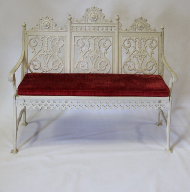 CAST IRON BENCH: OUTDOOR BENCH - CAST IRON PAINTED WHITE - PADDED SEAT 38"H X 46"L X 15"D