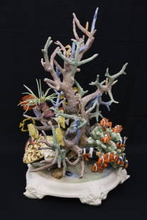 BOEHM SCULPTURE OF CORAL REEF: PORCELAIN REEF DEPICTING UNDER WATER LIFE IN A CORAL REEF WITH FISH, CORAL, AND PLANT LIFE - SIGNED BRANDE 1971 - BOEHM USA Dimensions: 26 1/2"H X 24"W X 30"D