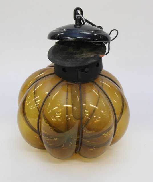 HANGING LIGHT FIXTURE: AMBER GLASS AND METAL - MID CENTURY DESIGN Dimensions: 10" DIA