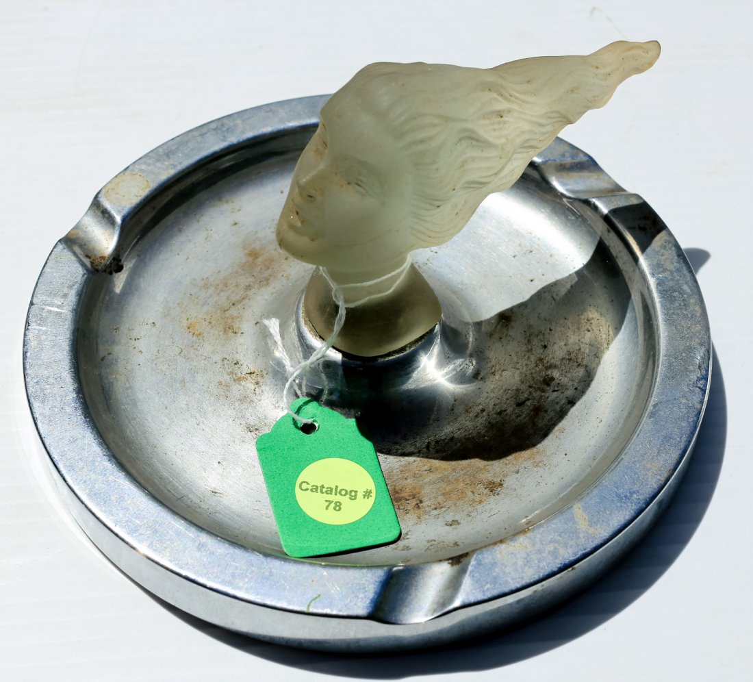 FROSTED GLASS MASCOT ASHTRAY: VINTAGE ALUMINUM ASHTRAY WITH FLOWING HAIR DAUGHTER MASCOT - "IN THE STYLE OF LALIQUE'S VICTOIRE MASCOT" 4" MASCOT 7" ASHTRAY