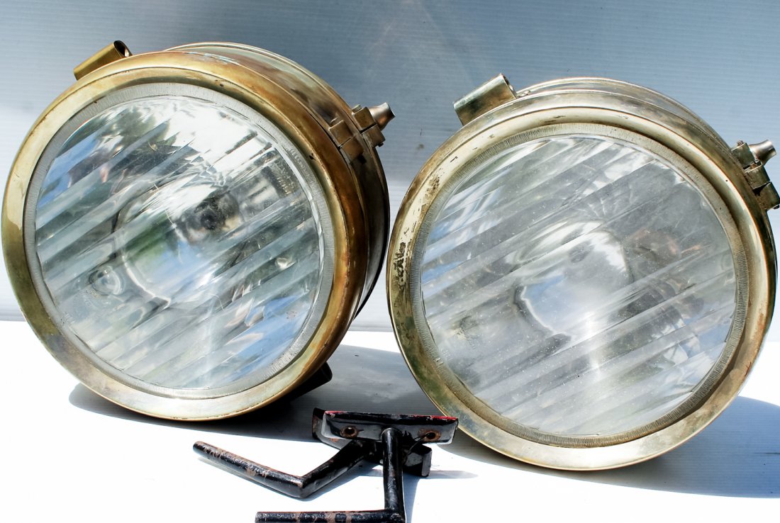 PR. OF 1920'S HEADLIGHTS: BAUSCH AND LOMB LENSES WITH DRUM STYLE HOUSING - NICKEL PAINTED BRASS - POSSIBLY PACKARD OR ROLLS ROYCE 12" IN DIA