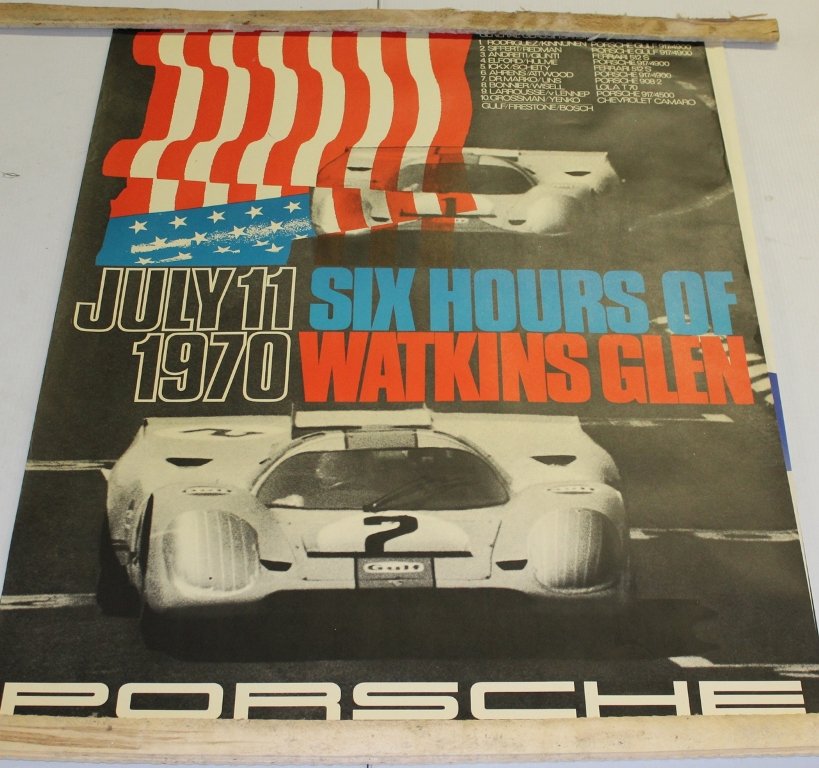 GROUP OF 1970'S PORSCHE POSTERS: (3) VINTAGE 1970 DEALER POSTERS - 6 HOURS OF WATKINS GLEN, 24 HOURS OF DU MANS, AND 1000 KM RENNEN NURBURGRING 40" X 30"