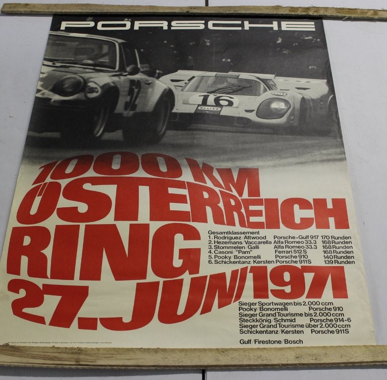 GROUP OF 1970'S PORSCHE POSTERS: (3) VINTAGE 1971 DEALER POSTERS - 1000 KM OSTERREICH RING, 6 HOURS OF WATKINS GLEN (1970), RALLY AT MONTE CARLO 40"X30"