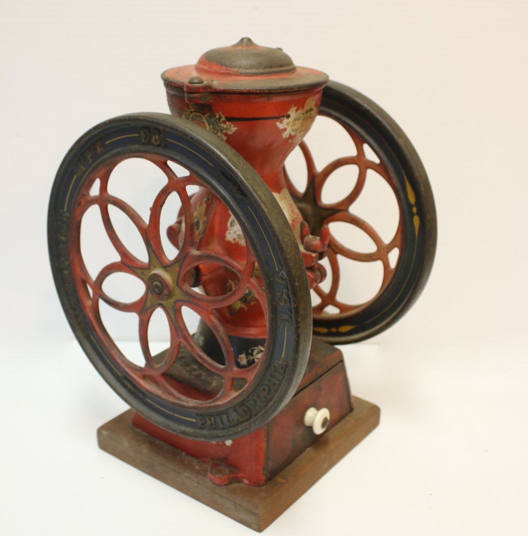 ENTERPRISE COFFEE GRINDER: ORIGINAL RED PAINT AND STENCIL DESIGN - PHILADELPHIA 8 1/2" X 12 1/2"