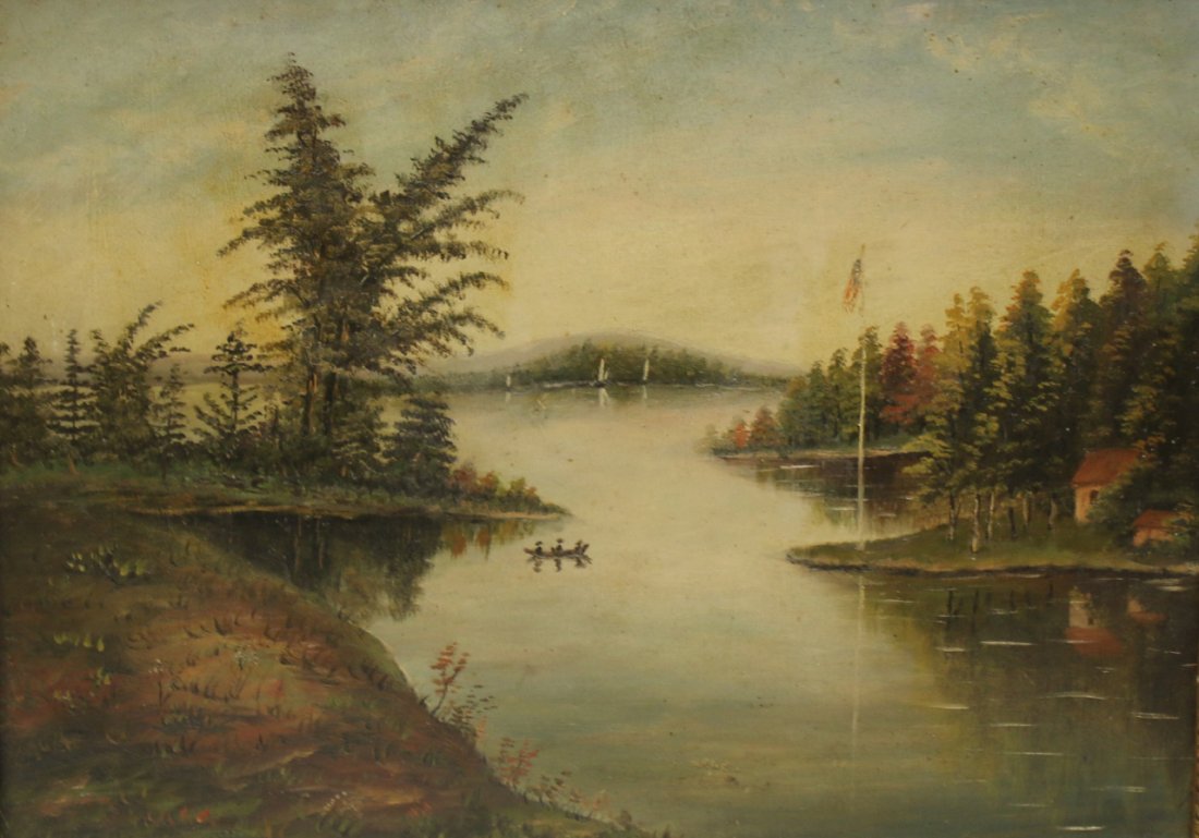 19TH CENTURY OIL ON BOARD: POND WITH CANOE" OIL ON ARTIST BOARD - UNSIGNED 19"X13