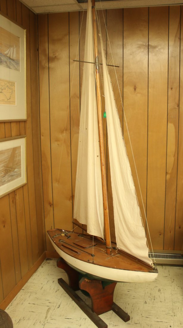 LARGE WOODEN POND BOAT: COTTON SAILS - WOOD AND METAL CONSTRUCTION - WITH HANDMADE BASE 61"L X 102"H X 13"