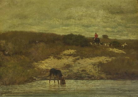 Henry Rankin Poore o/c (1859-1940): "Wayward Dog" Oil on canvas signed lower right - DATED 1904 ON REVERSE - English Fox Hunt Scene. 23"x31"