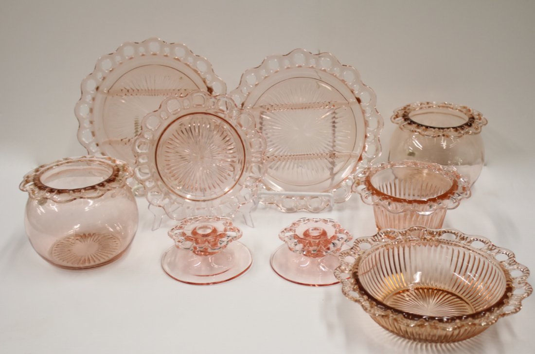 PINK DEPRESSION GLASS - LACE EDGE (8 PC'S) LOT (1 of 2)