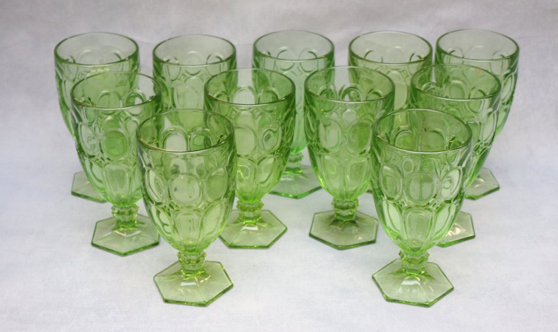 (11) GREEN DEPRESSION GLASS WATER GOBLETS (1 of 1)