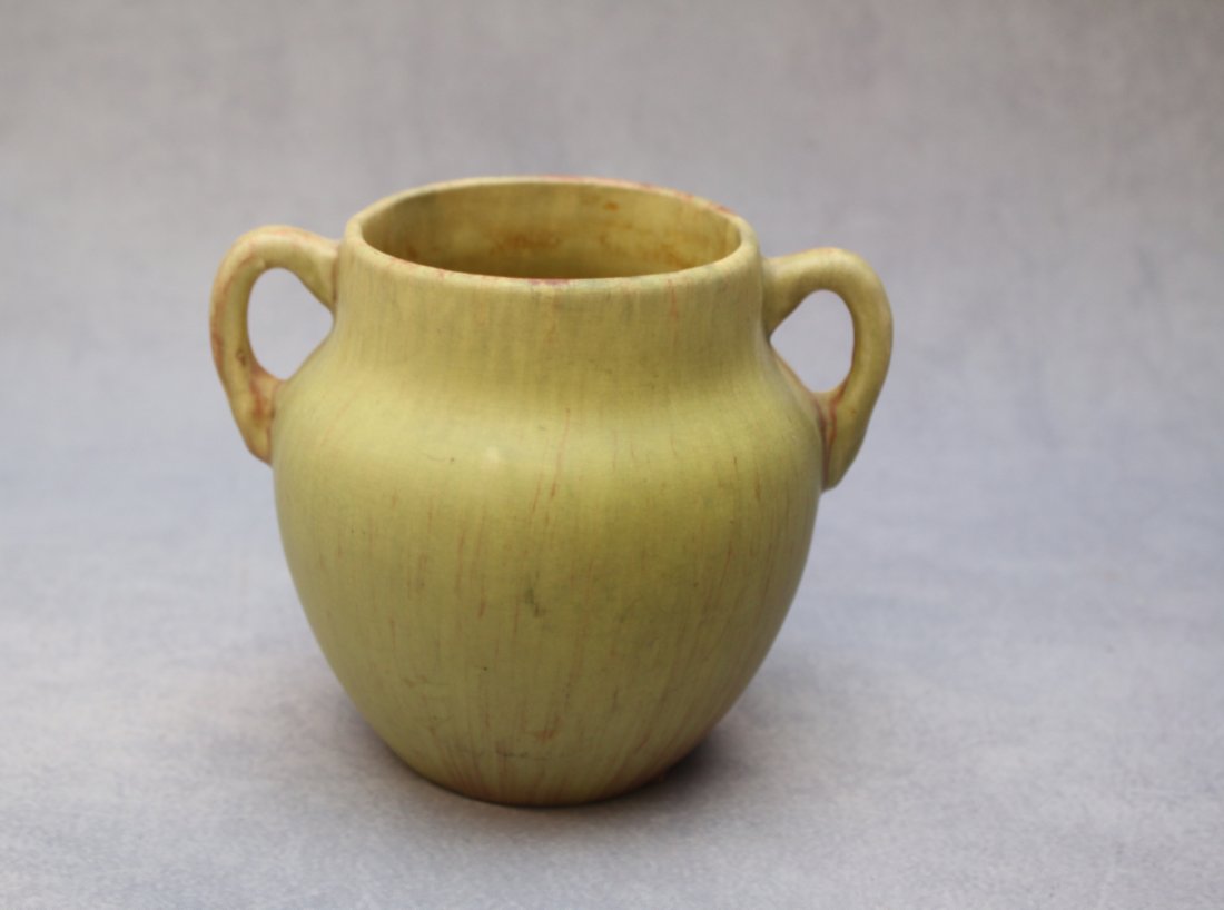 WELLER "FRUITONE" VASE: DOUBLE HANDLE VASE MARKED ON BASE 4 1/2"