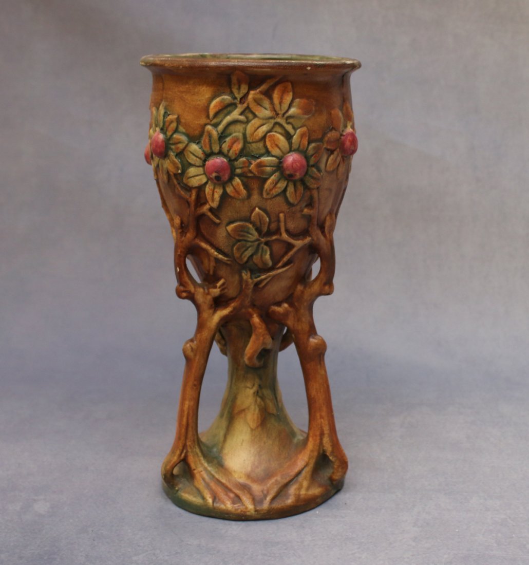 WELLER "WOODCRAFT" VASE: CHALICE STYLE VASE WITH FLOWERS - MARKED ON BASE 9"