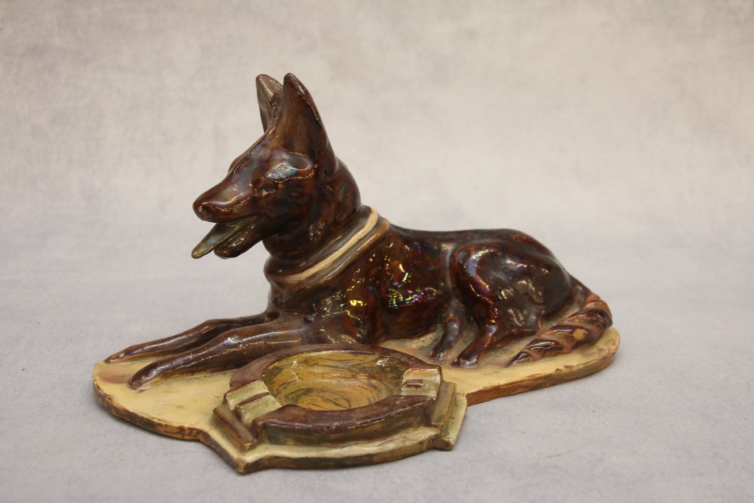 REDWARE DOG ASHTRAY: REDWARE GERMAN SHEPPARD ASHTRAY - 19TH CENTURY PENNSYLVANIA - MULTI-COLOR GLAZE 10 1/2" X 5 1/2"