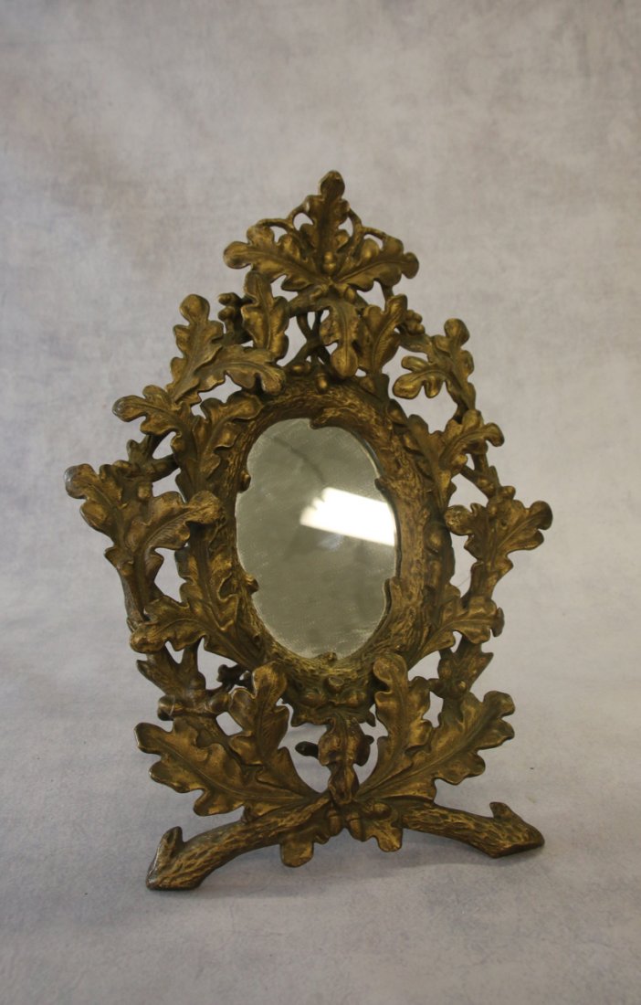 ANTIQUE BRASS MIRROR: WITH LEAF AND ACORN MOTIF 14"