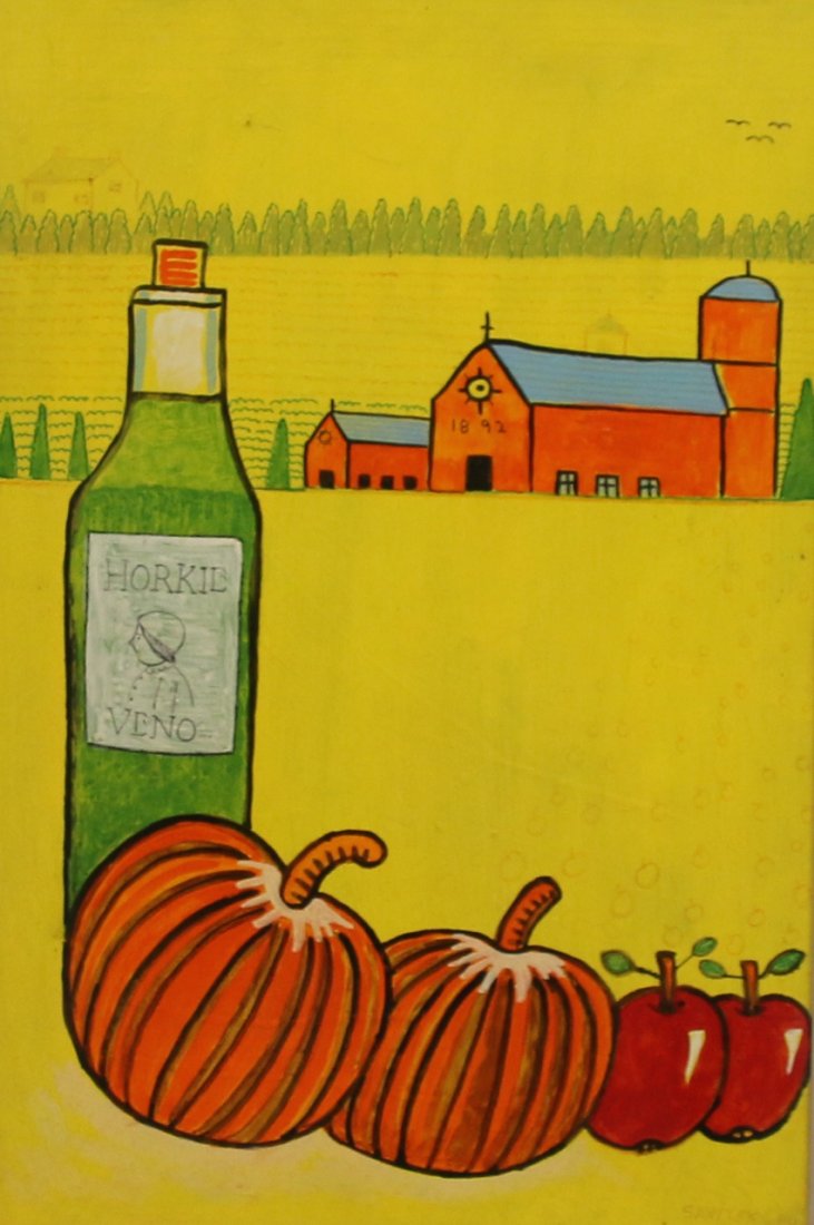 JACK SAVITSKY O/B: PUMPKIN'S WITH WINE BOTTLE" SIGNED LOWER RIGHT DATED 84 - PART OF THE MARY LOU AND JACK SAVITT COLLECTION 16" X 24