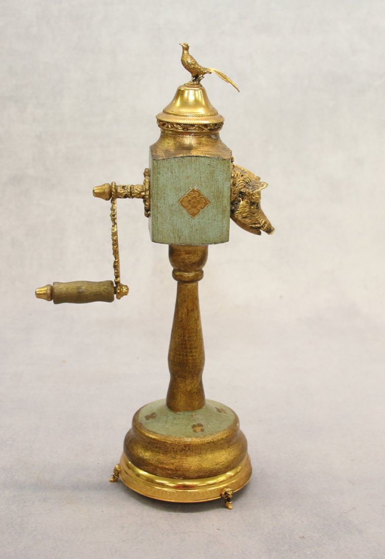 SWISS MUSIC BOX: MFG. BY; REUGE - "CHEVALIERS" - WITH BIRD TOP AND CRANK HANDLE 10" X 3"