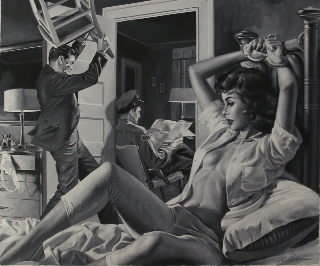 AL ROSSI ILLUSTRATION: ILLUSTRATION ON BOARD - FOR APRIL 1963 MAN'S WORLD - SIGNED LOWER RIGHT 19"X16"