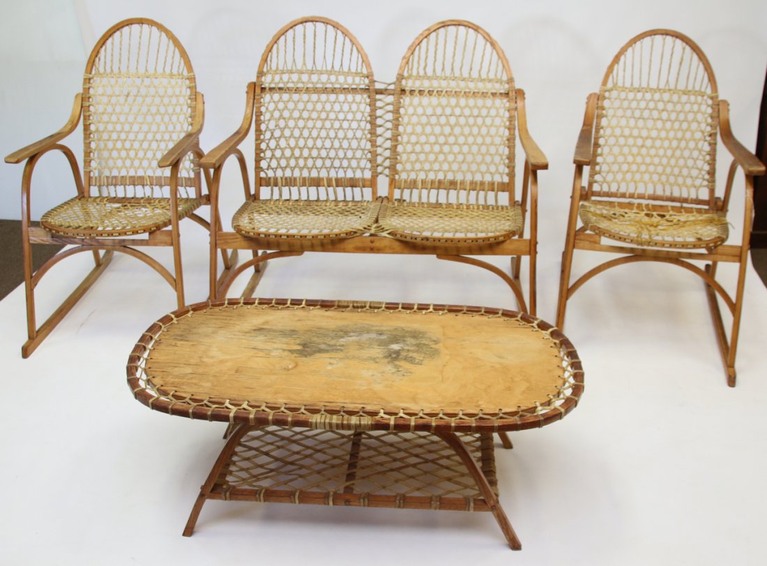 SET OF SNOWSHOE STYLE FURNITURE: MFG. BY; TUBBS, VERMONT - INCLUDING (2) CHAIRS, LOVESEAT, AND TABLE CHAIRS 20"X36" - LOVESEAT 38"X36" - TABLE 39"X15"