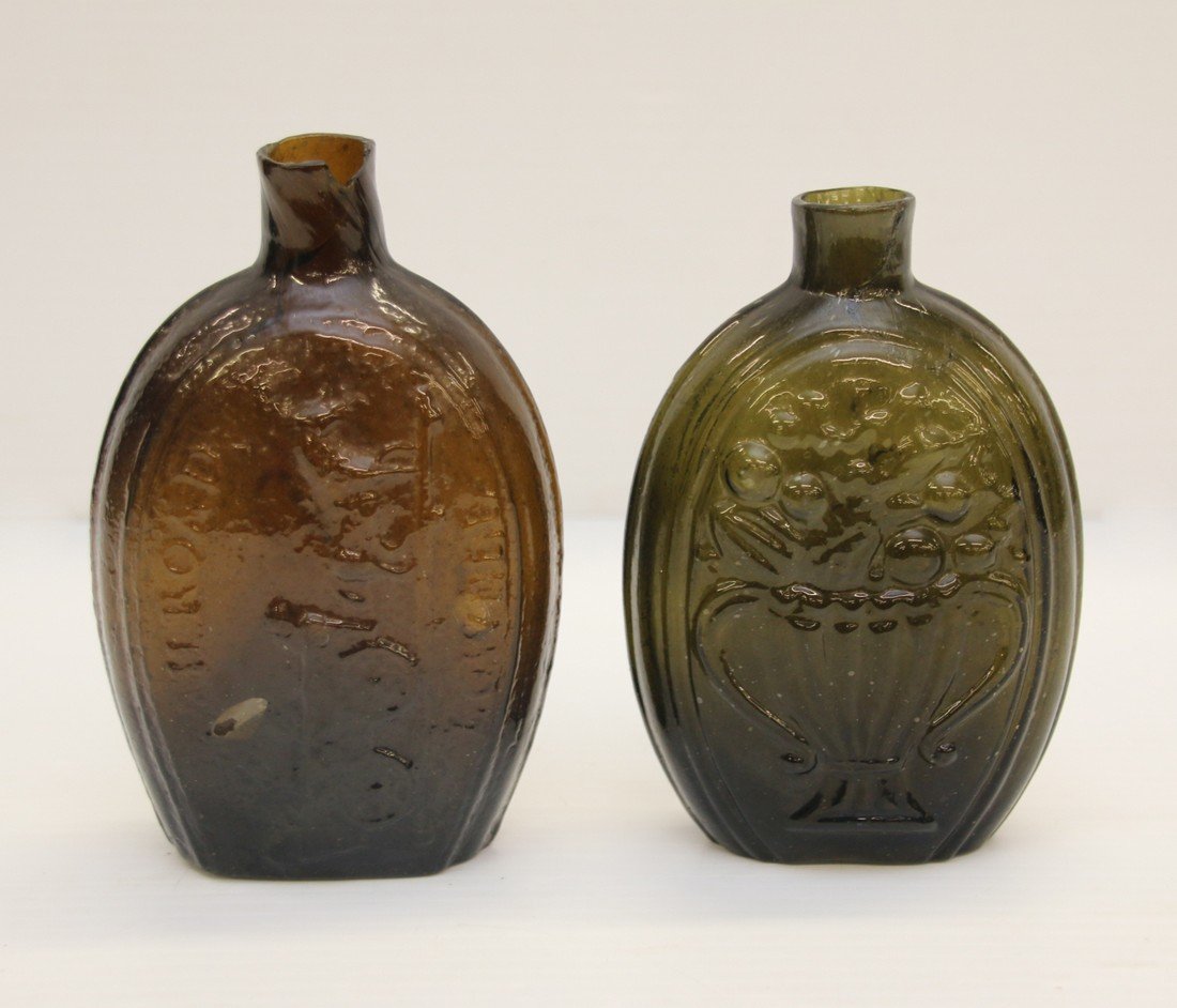 PR. OF FLASKS: OLIVE COLOR CORNUCOPIA - AMBER COLOR EAGLE WITH HORSE AND WAGON 5 1/4" AND 5 3/4"