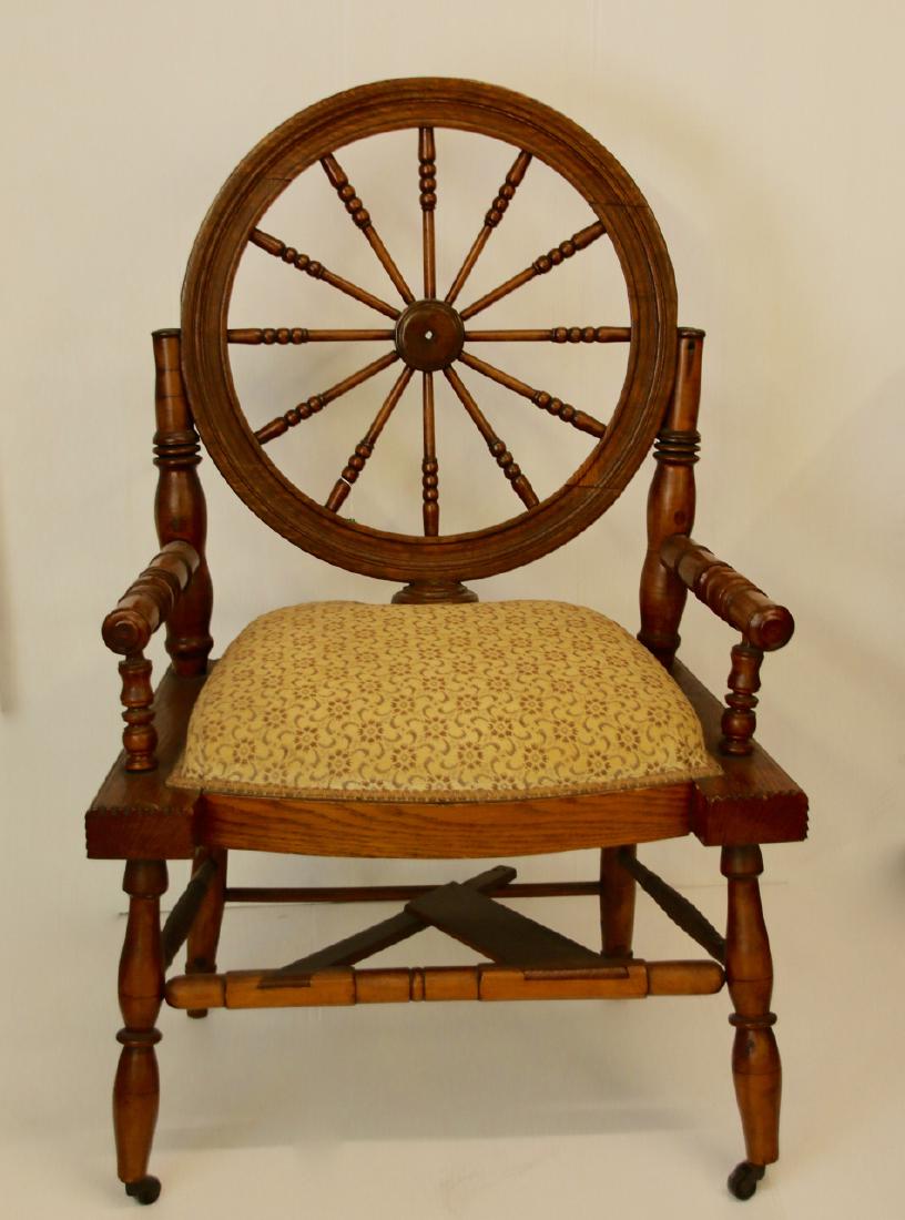 VINTAGE SPINNING WHEEL ARM CHAIR: ARM CHAIR MADE FROM OLD SPINNING WHEEL AND PARTS DIMENSIONS: 25 1/2" X 16 1/2" X 40"