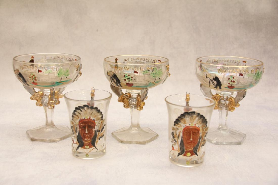 GROUP LOT OF LODGE GLASS: ANTIQUE SYRIA SHRINERS GOBLETS MARKED 1903 PITTSBURG - (3) GOBLETS MARKED 1911 DIMENSIONS: 3 1/4" AND 4 3/4" TALL