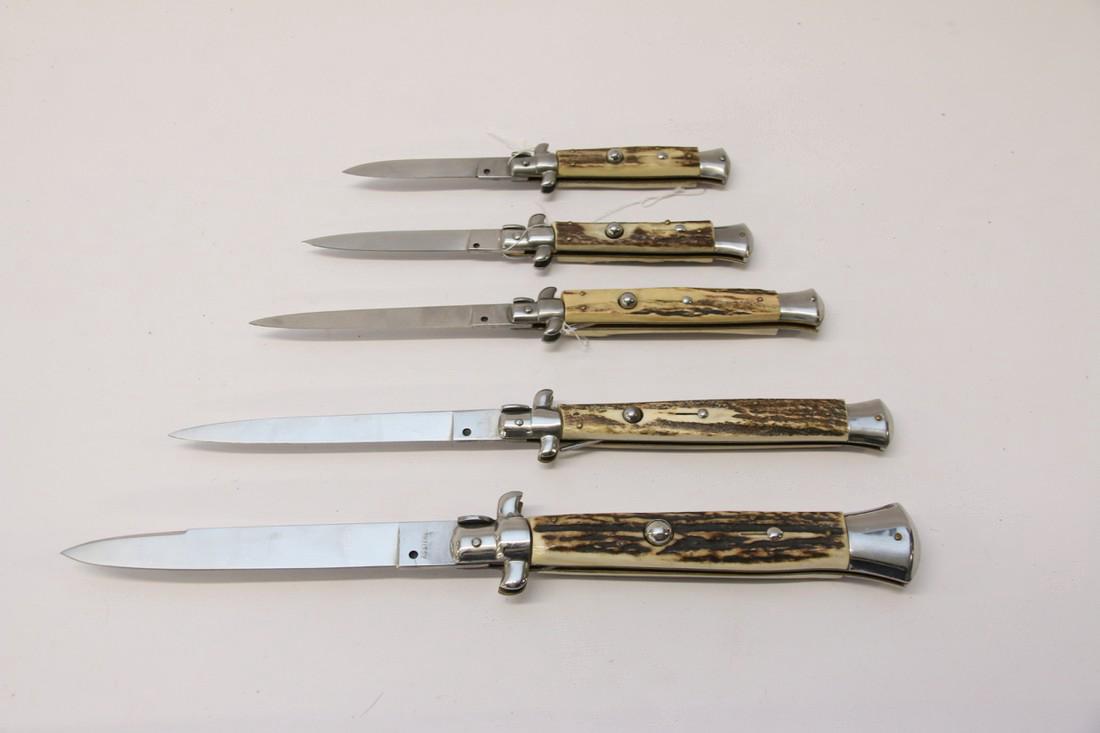 BONE HANDLE KNIFE LOT: LOT OF 5 GRADUATED BONE HANDLE KNIFE LOT - BLADE MARKED ROSTFREI Dimensions: 14" - 13" - 11" - 9" - 8"