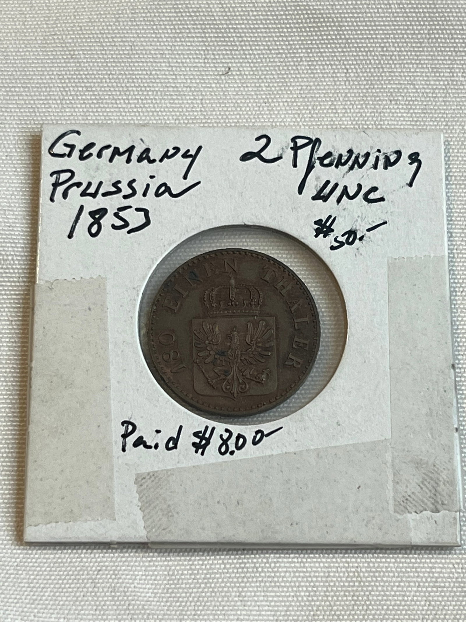 1853 2 Pfenning Coin (1), Germany & Prussia: Antique, 19th Century Coin. Non-Graded, Sealed in Packaging. 3 grams