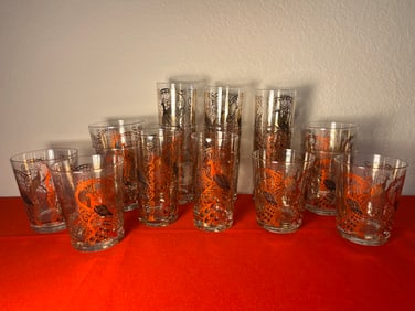 Vintage Gold Peacock Glasses, 16 Pieces