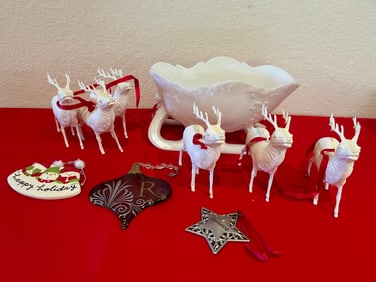 Milk Glass Sleigh & Holiday Ornament Lot, 10 Pieces