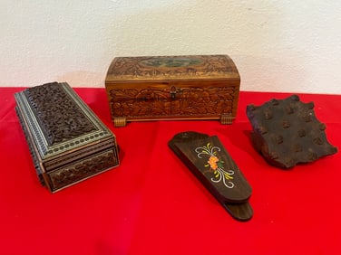 Antique Wooden Boxes, Block, and Sconce