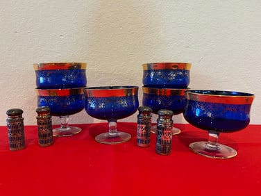 Cobalt Sherbet Goblet and Shakers, 10 Pieces
