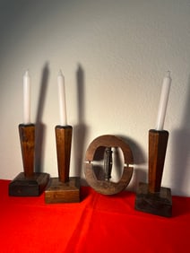 Antique Wooden Hat Stretcher and Candle Holders, 4 Pieces