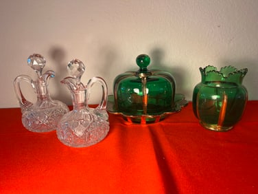 Emerald Green Glass Set & Crystal Cruet Set