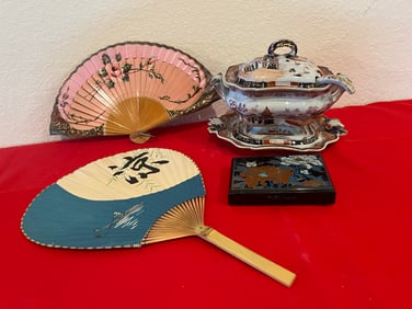 Asian Soup Tureen, Fans, & Tissue Box, 7 Pieces