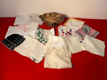 Wood Leaf Music Box and Lot of 19 Handkerchiefs
