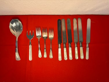 Silver plate, Abalone, and Luctie Dinnerware, 11 Pieces