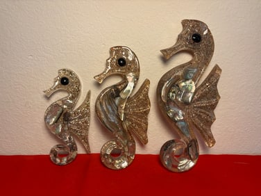 3 Piece Lucite & Abalone Seahorse Wall Hangings