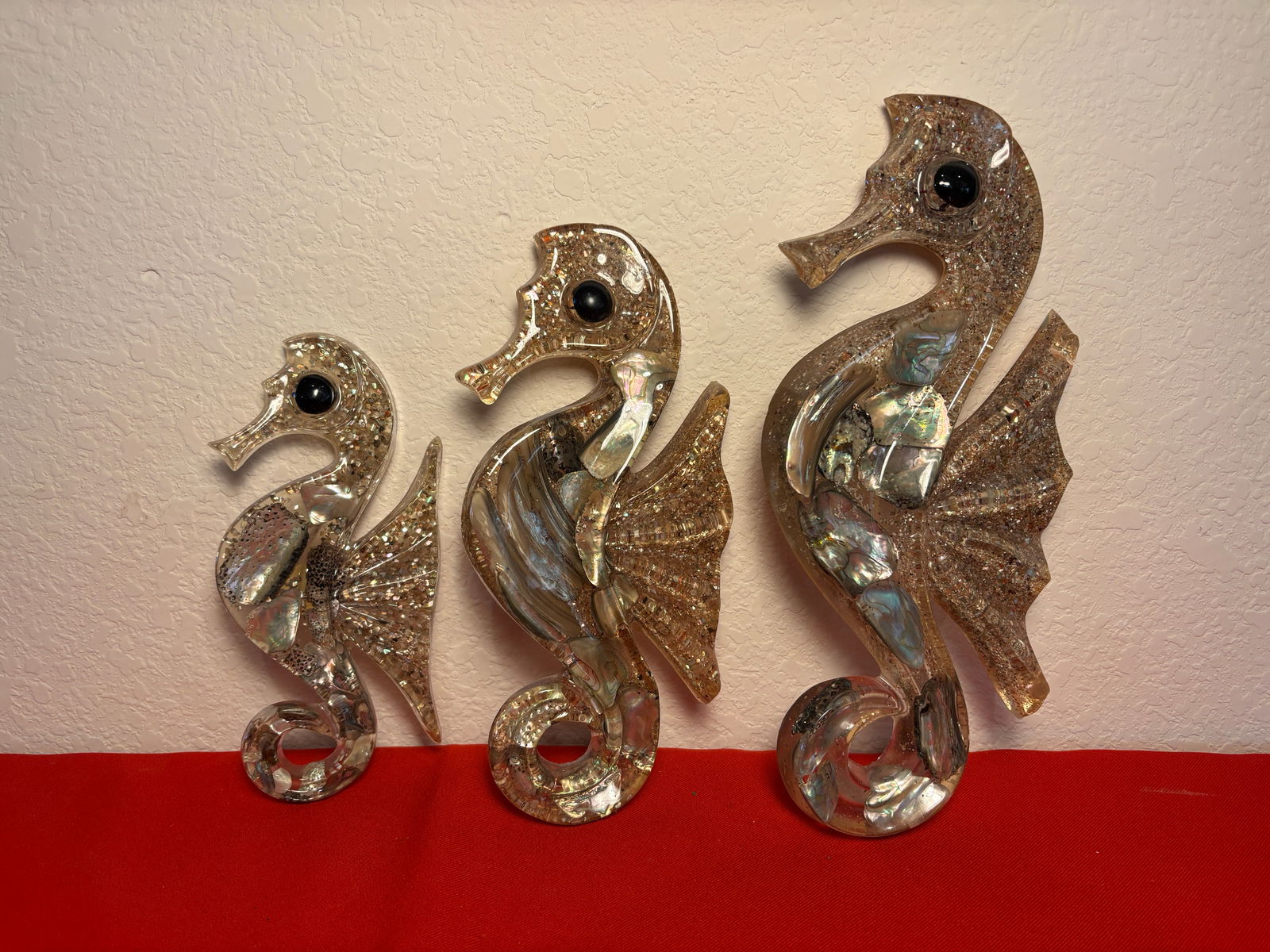 3 Piece Lucite & Abalone Seahorse Wall Hangings (1 of 3)