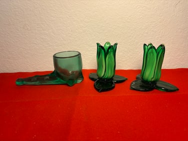 3 Piece Vintage Green Glass