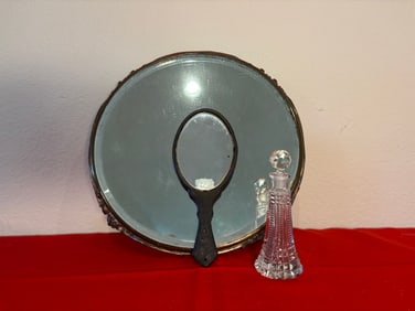 Antique Vanity Tray, Mirror, and Perfume Bottle, 3 Pieces