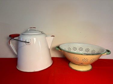 Vintage Enamelware Coffee Pot & Colander