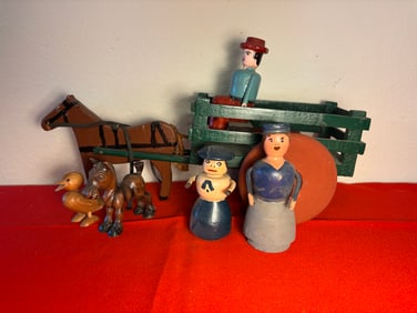 Vintage Wooden People, Animals, and Cart