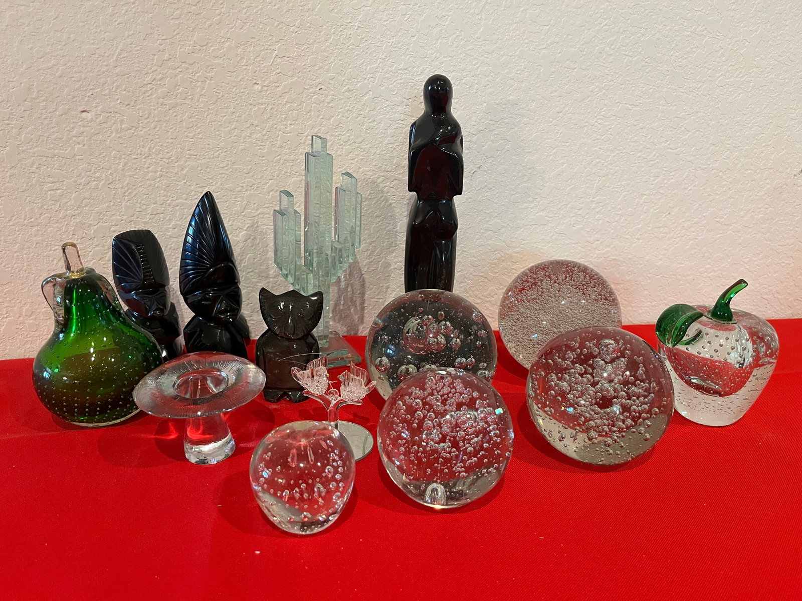 Crystal and Glass Assortment: Ball Paper Weights. Made in Mexico. Fruit and Orb paperweights. Onyx-Obsidian Figures. 14 Pieces
