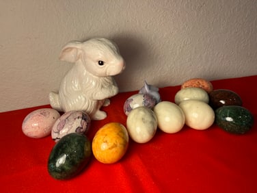Stone Eggs & Two Ceramic Rabbits, 14 Pieces