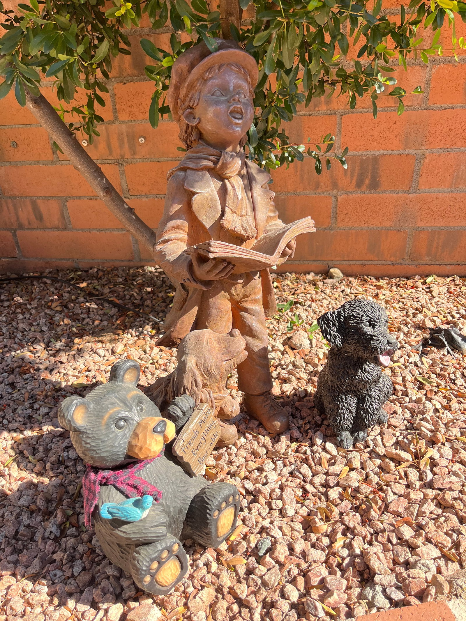 3 Pieces of Garden Art: Resin and Wood, Animals and Boy with Dog. Good condition
