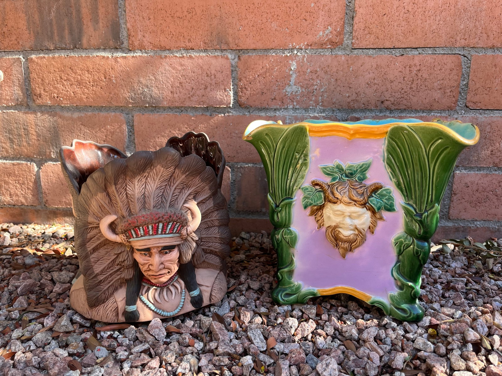 2 3D Planters: Ceramic. Indian Chief. European Style. Used condition. European Style chip on rim.