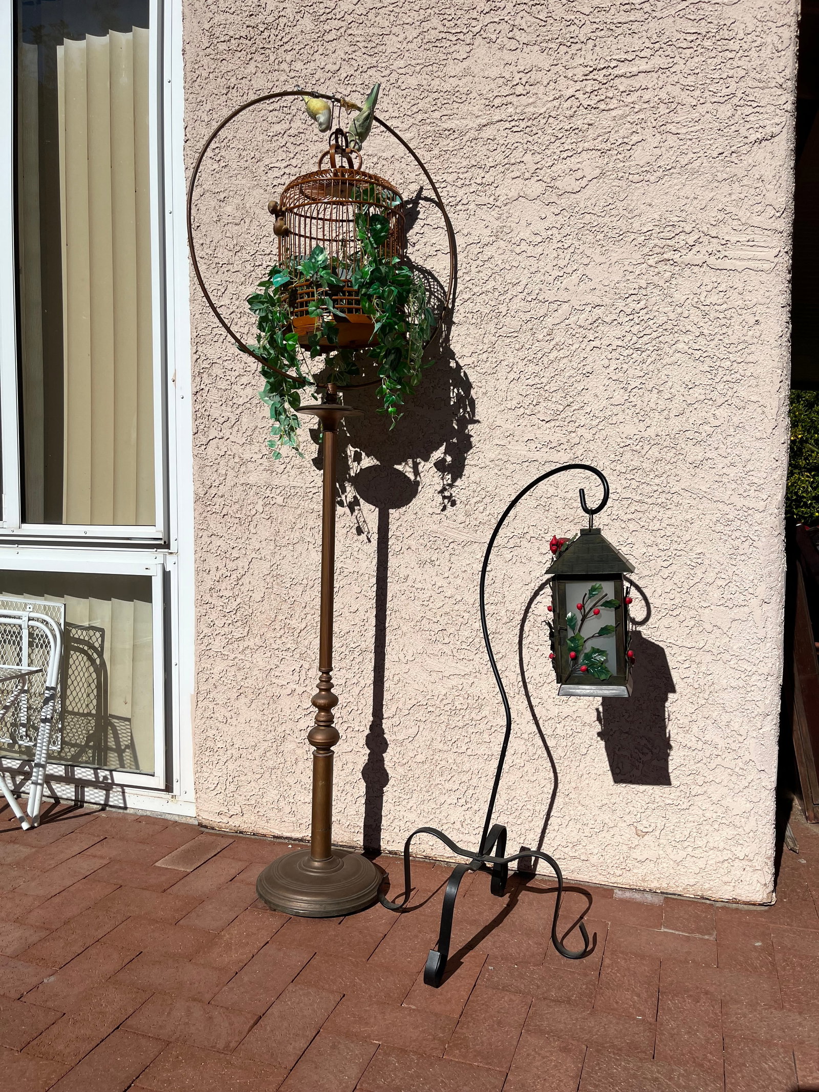 Decorative Metal and Wood Birdcage + Lantern: Lantern with stand. Good condition. Possibly Vintage.