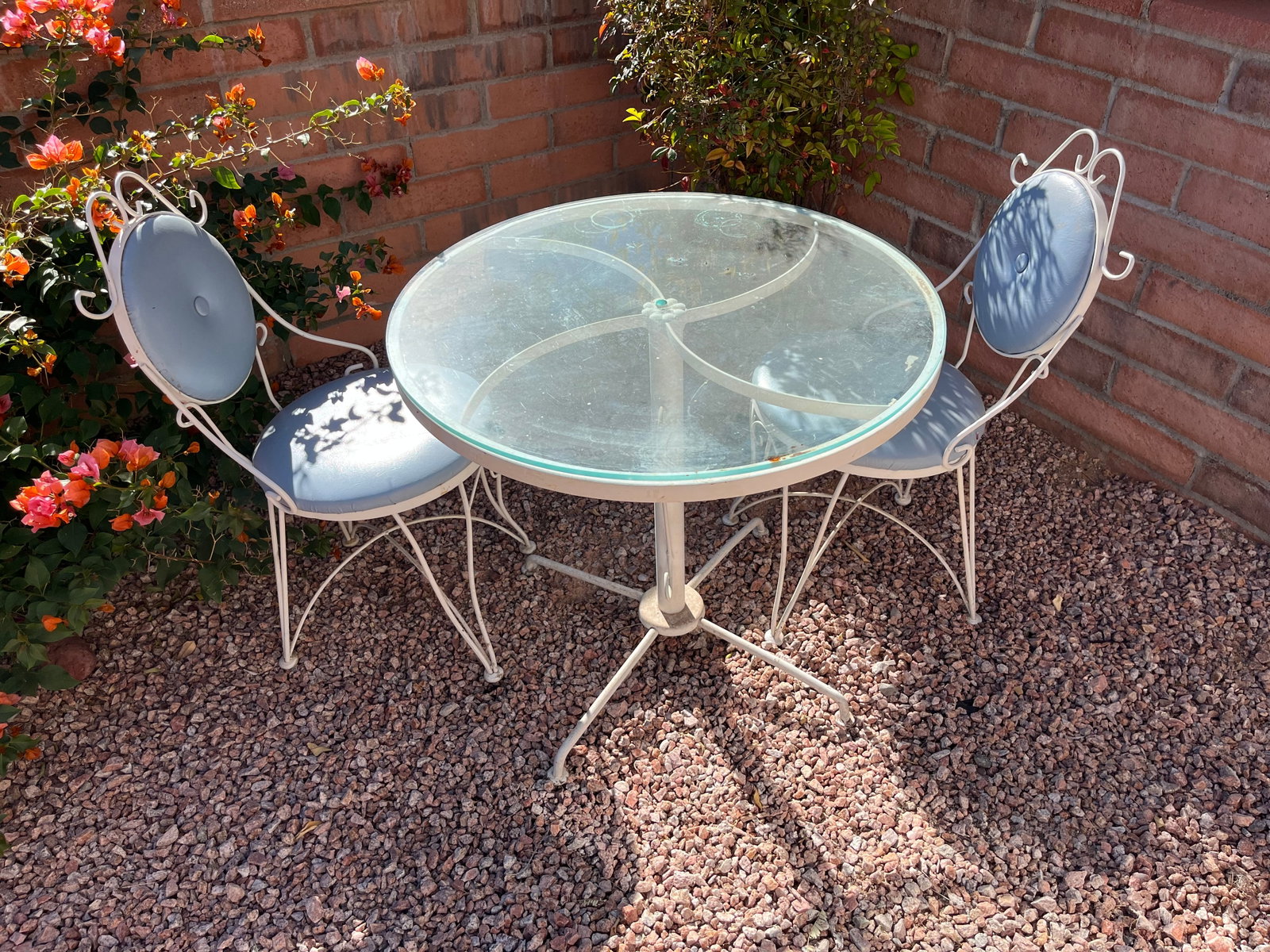 Vintage Metal, Leather, and Glass Patio Table: With 2 Chairs. Used (see photos), Chair Measurements: 32x15x18 Seat Height: 16"
